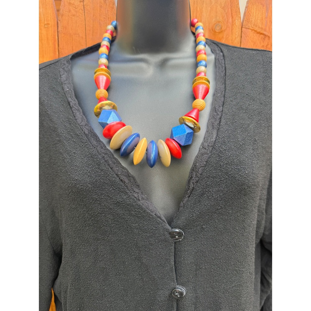 Vintage Chunky Wooden Bead Necklace Primary Colors Geometric Clowncore Statement